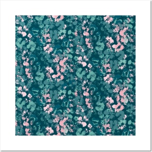 Pink and Teal Splashed Flowers Posters and Art